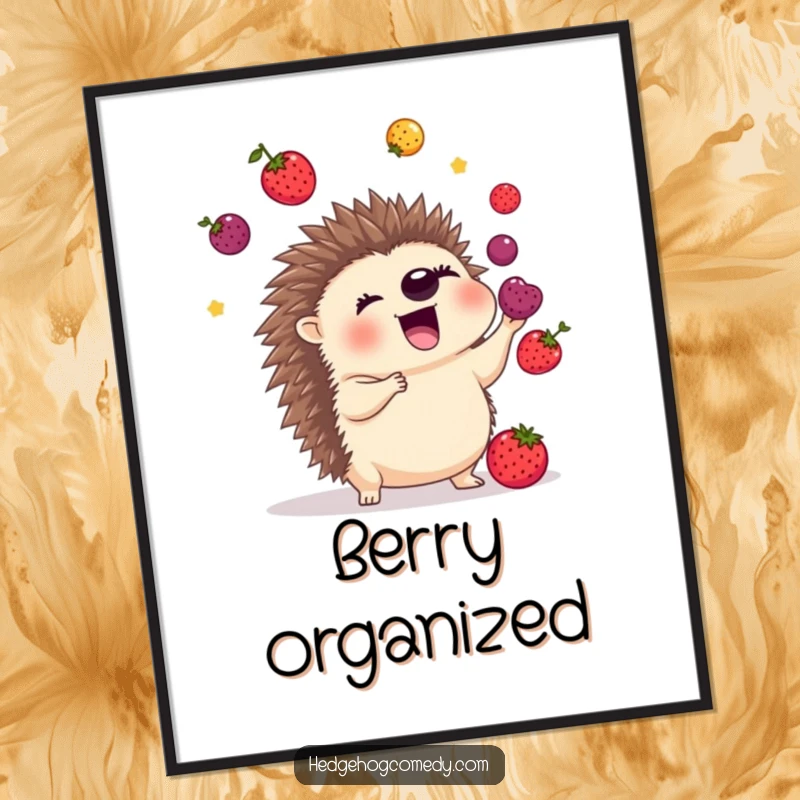 Funny digital art print of an excited hedgehog juggling colorful berries with its quills, capturing a moment of whimsical, impressive skill.