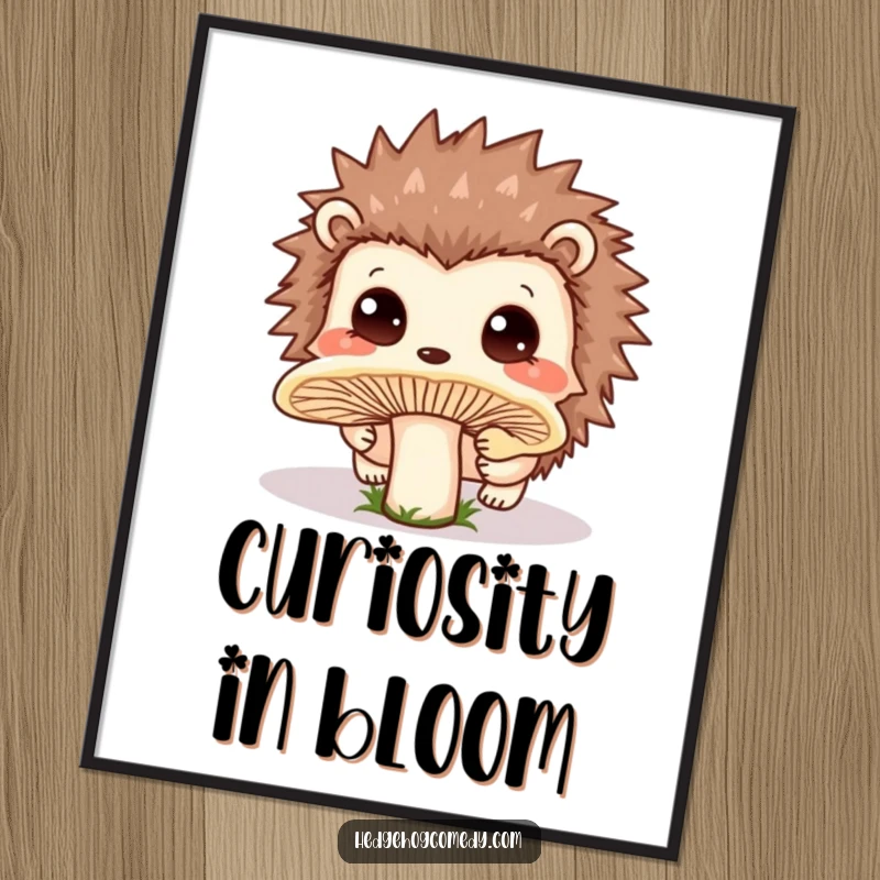 Funny Digital Art of a cute Kawaii hedgehog with wide, innocent eyes curiously sniffing a large, dew-covered mushroom.