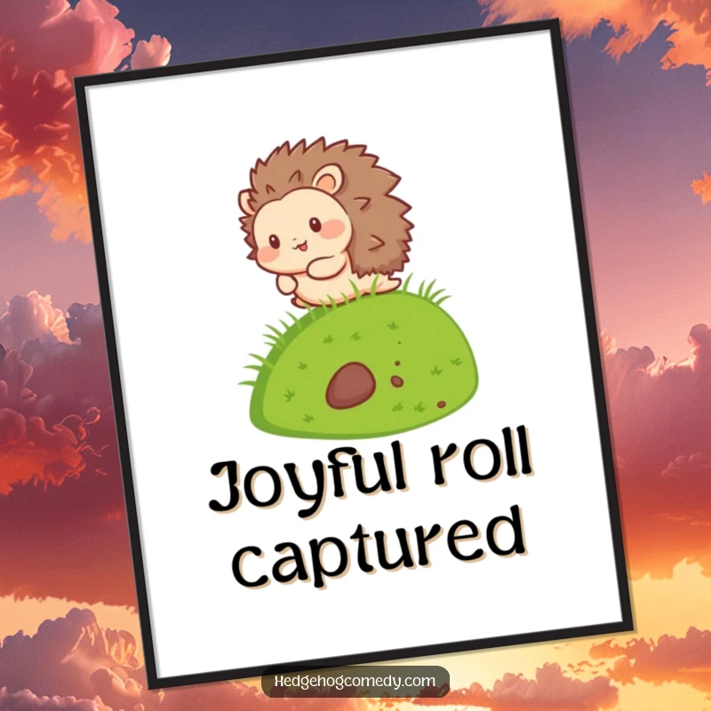Funny Kawaii Hedgehog Digital Art Print capturing a happy hedgehog character mid-roll down a grassy hill, full of life.