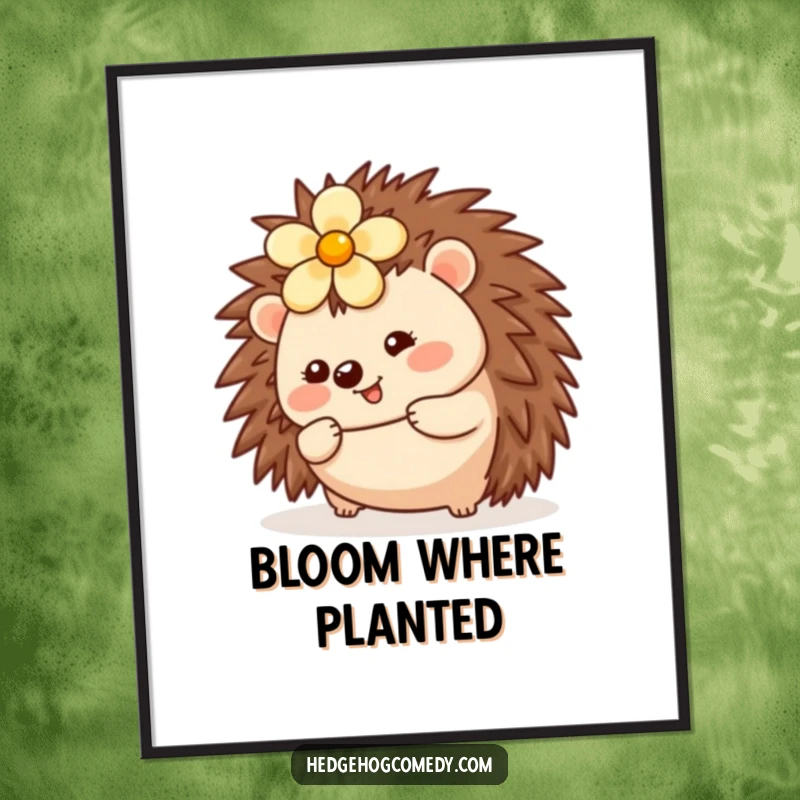 Funny Kawaii Hedgehog Digital Art Print: A cheerful hedgehog with a flower on its head rolls across this adorable digital artwork.