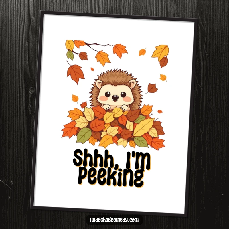 Funny playful kawaii hedgehog peeking from autumn leaves, perfect for a humorous digital art gift.