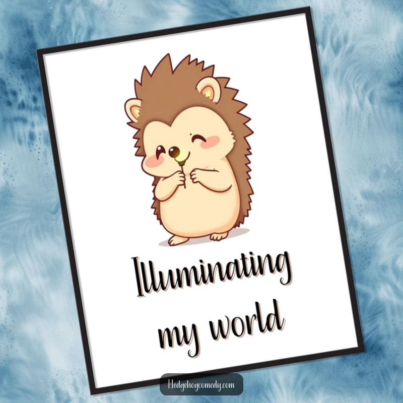 Funny digital art print of a happy hedgehog holding a glowing firefly, creating a magical and serene nighttime scene.