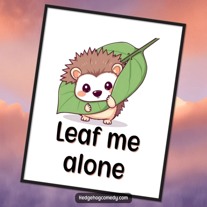 Funny mischievous hedgehog hiding behind a leaf as a digital art print, symbolizing playfulness and mystery, perfect funny gift.