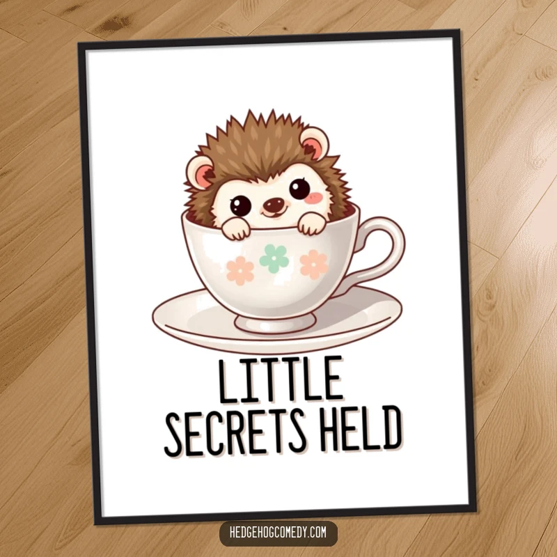 Funny Kawaii Hedgehog Digital Art: A shy hedgehog peeking from a teacup, capturing a moment of adorable innocence and playful humor.