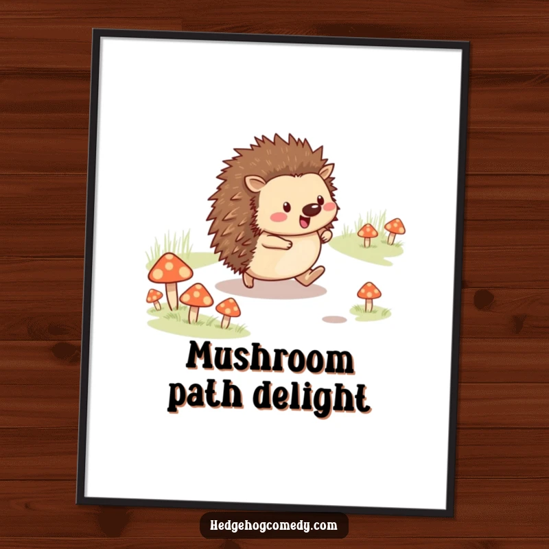 Funny cheerful hedgehog skipping on a mushroom path as a digital art print, symbolizing joy and movement, perfect funny gift.