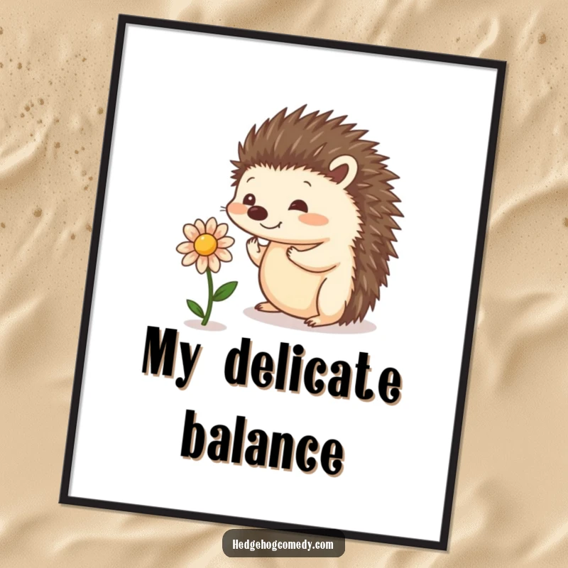 Funny digital art print of a playful hedgehog balancing a tiny flower, downloadable for charming and whimsical wall decor.