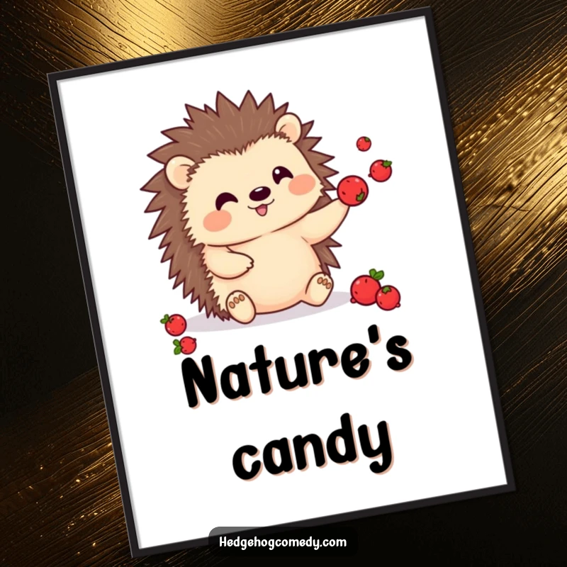Funny kawaii hedgehog digital art print, juggling berries, cute, playful, and humorous, instant download.