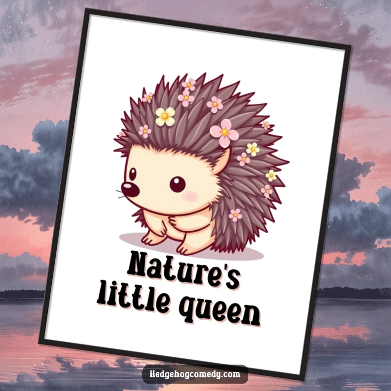 Funny digital art print of a hedgehog with quills adorned with small flowers, downloadable for beautiful nature-themed wall decor.