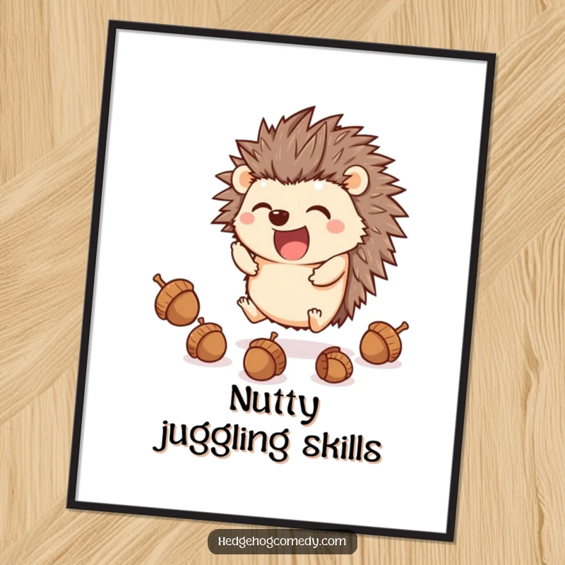Funny excited kawaii hedgehog juggling acorns with its feet, perfect for a humorous digital art gift.