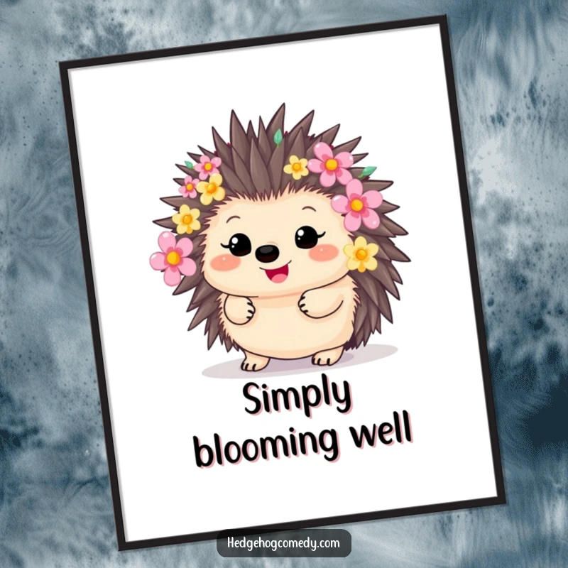 Funny happy kawaii hedgehog with quills decorated with colorful flowers, perfect for a humorous digital art gift.