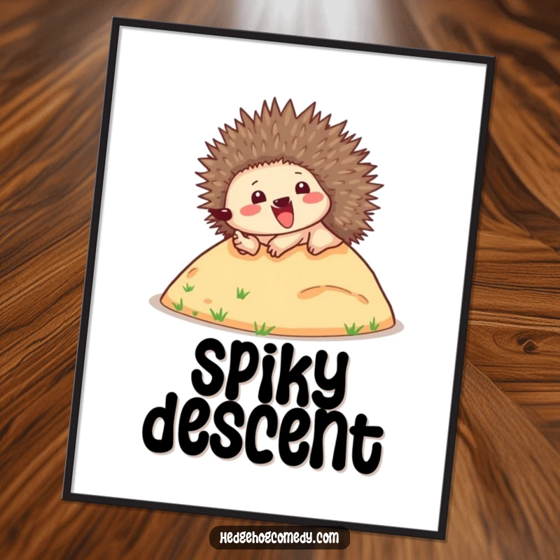 Funny digital art print of a happy hedgehog enthusiastically rolling down a small hill, spines up, capturing a moment of pure, uninhibited glee.