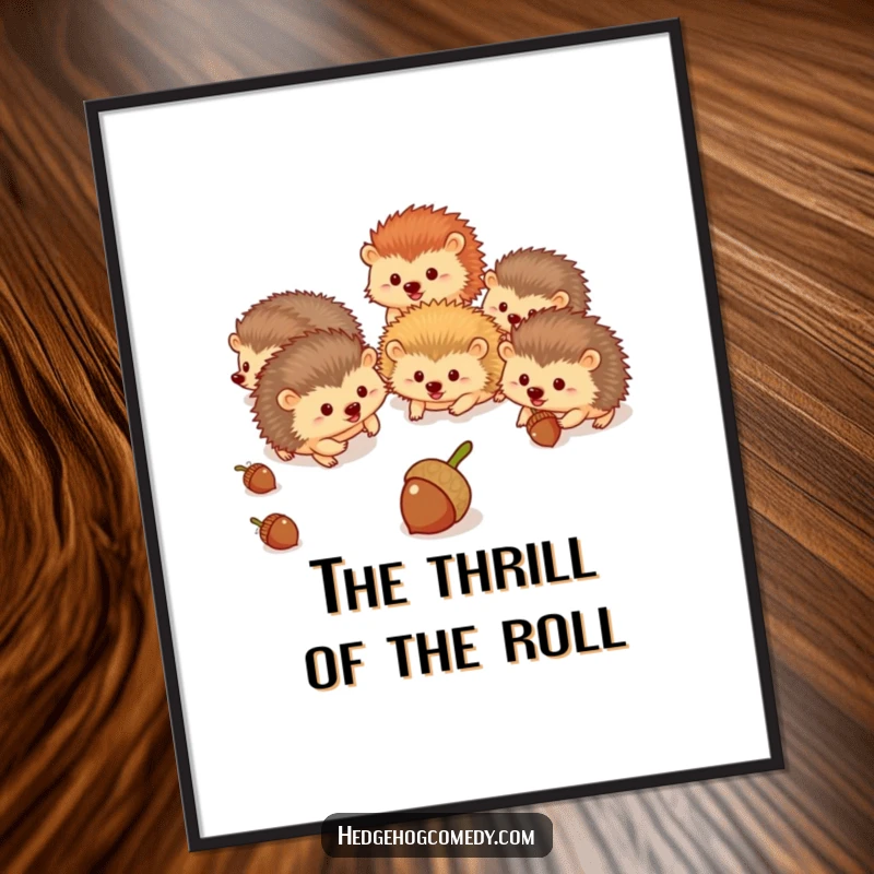 Funny hedgehogs in a delightful, energetic illustration chasing rolling acorns, perfect for humorous digital wall art.