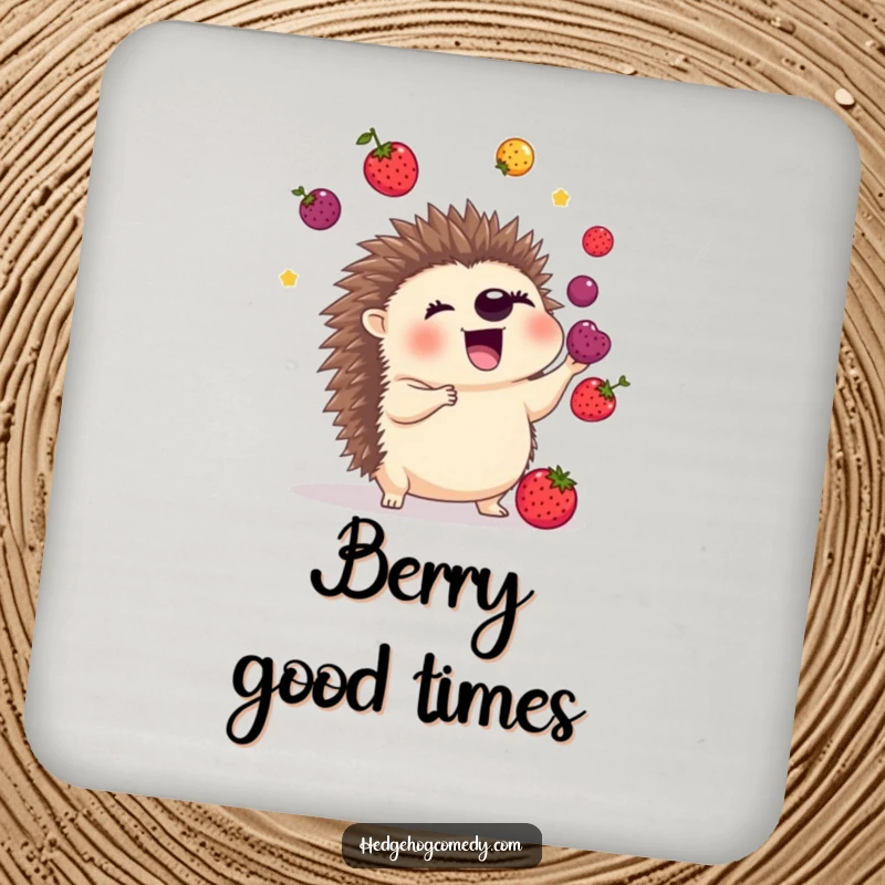 Funny drink coaster featuring an excited hedgehog juggling colorful berries with its quills, offering stylish and humorous protection.