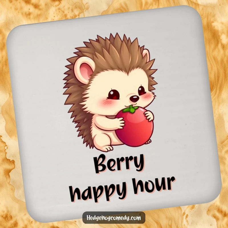 Funny drink coaster with a timid hedgehog holding a large berry under its chin.