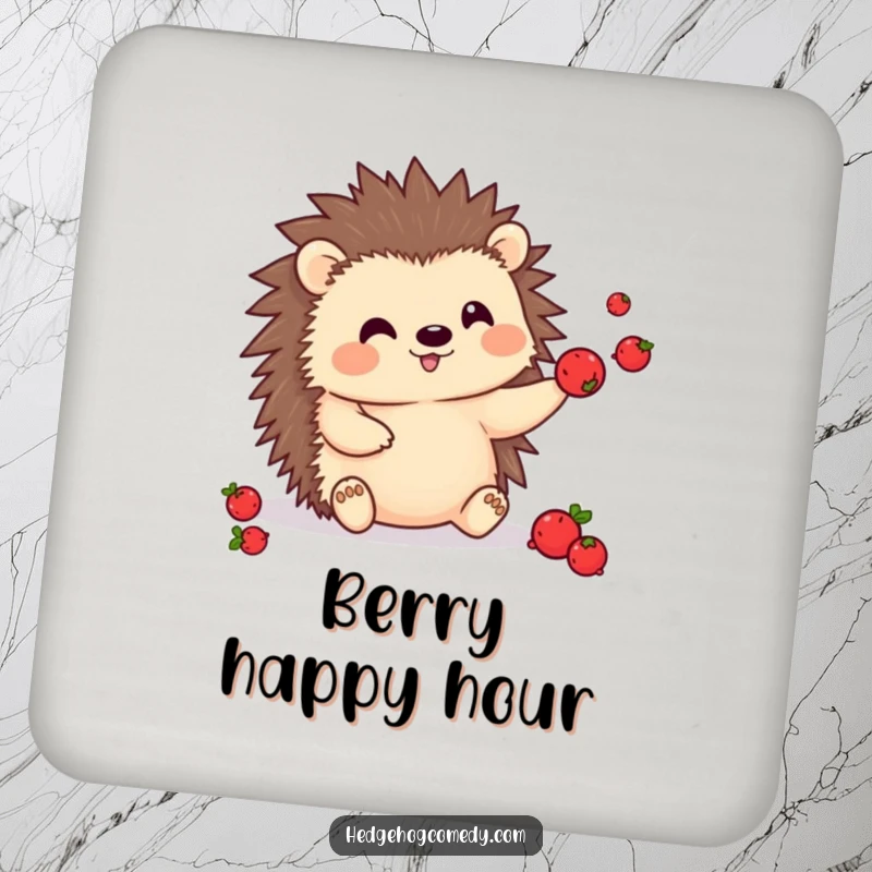 Funny kawaii hedgehog coaster, juggling berries, cute and humorous, perfect for protecting surfaces.