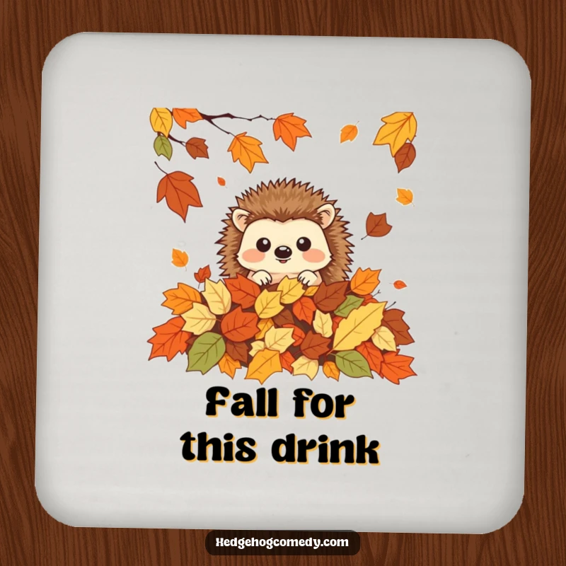 Funny playful kawaii hedgehog peeking from autumn leaves, perfect for a humorous coaster gift.