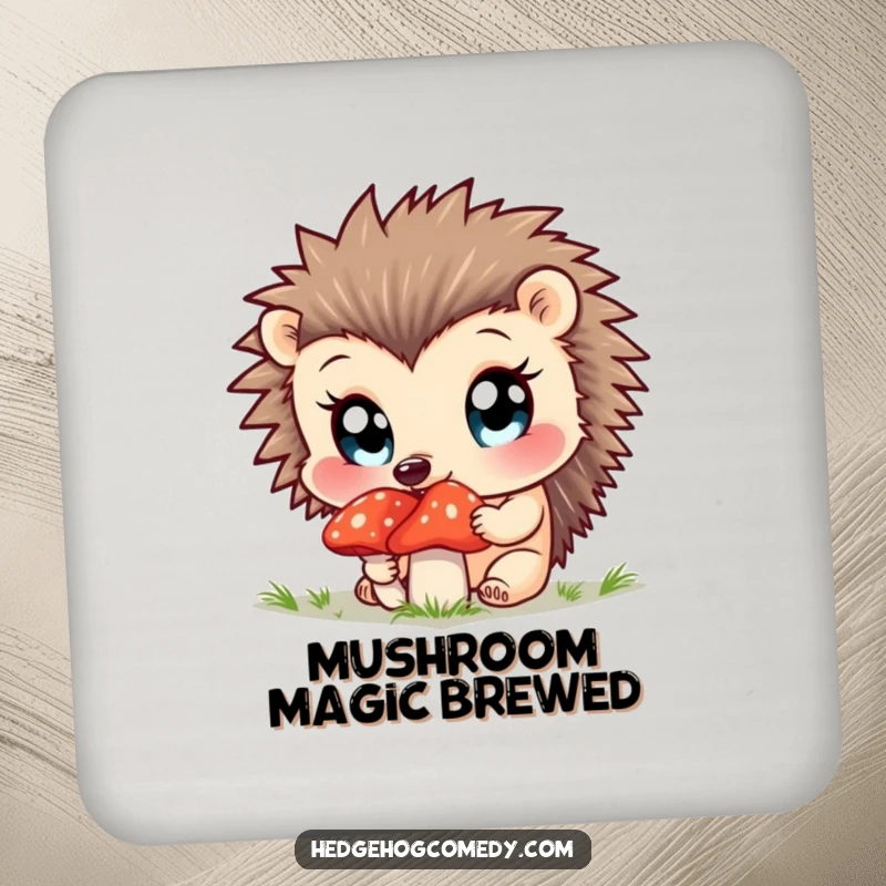 Funny drink coaster with a curious hedgehog sniffing a mushroom, wide eyes.