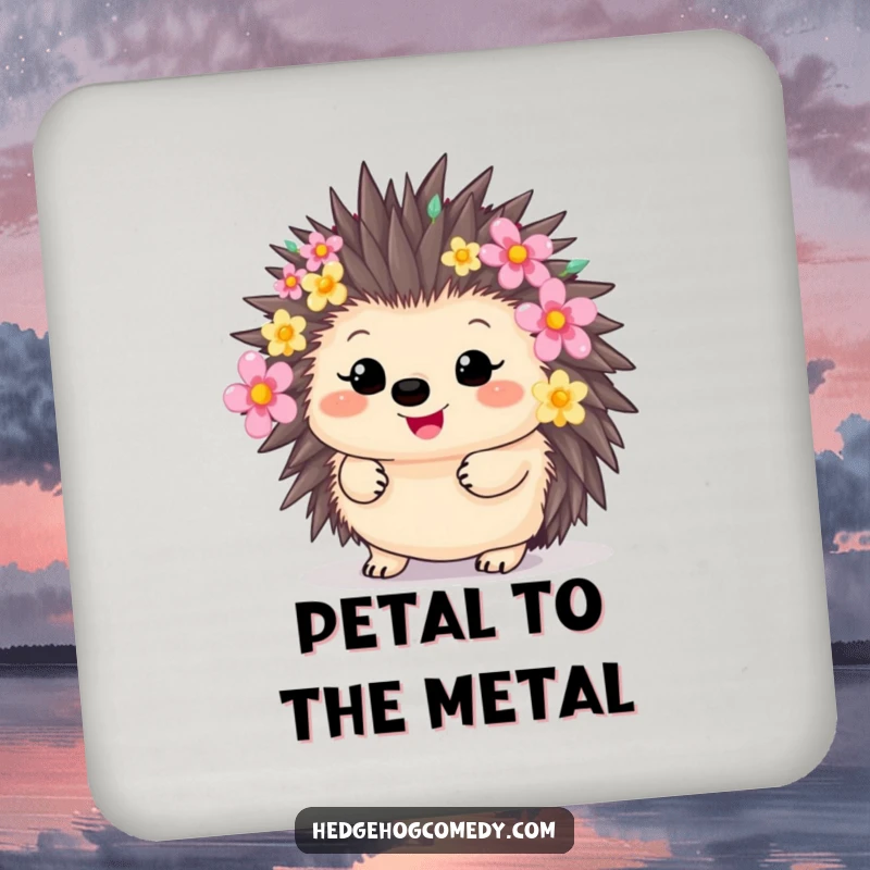 Funny happy kawaii hedgehog with quills decorated with colorful flowers, perfect for a humorous coaster gift.