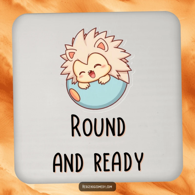 Funny drink coaster with a joyful hedgehog character rolling into a ball, protecting surfaces with a cute and humorous design.