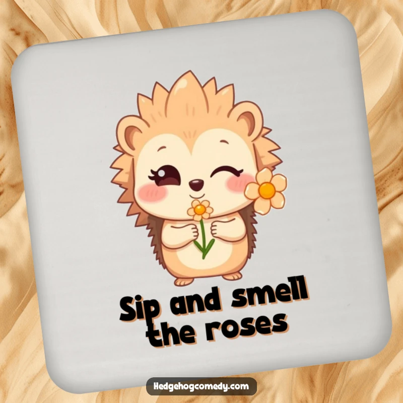Funny shy hedgehog winking and offering a flower on a coaster, adding charm and protection.