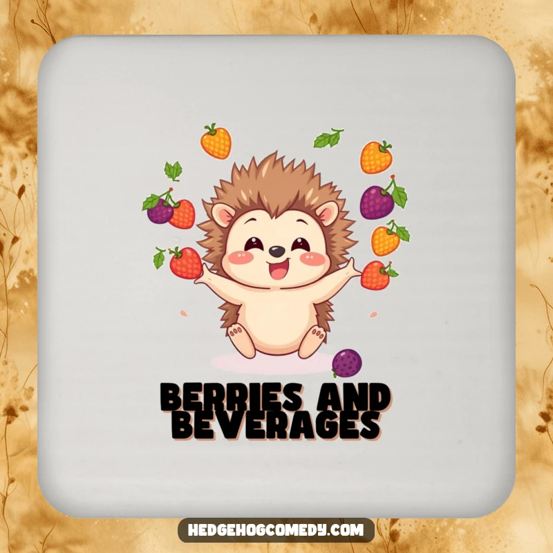 Funny Hedgehog Coaster showing a cute hedgehog character juggling colorful berries, adding charm and surface protection.