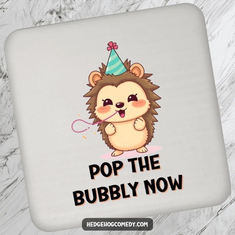 Funny hedgehog blowing a streamer on a coaster, adding a touch of humor to protect your table.