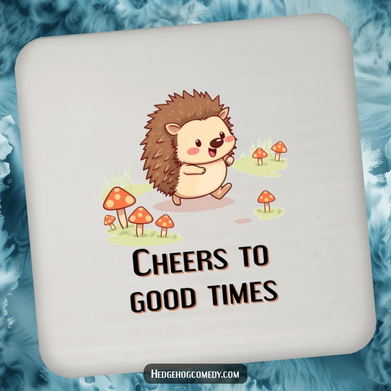 Funny cheerful hedgehog skipping on a mushroom path on a drink coaster, adding whimsical charm and humor, excellent funny gift.