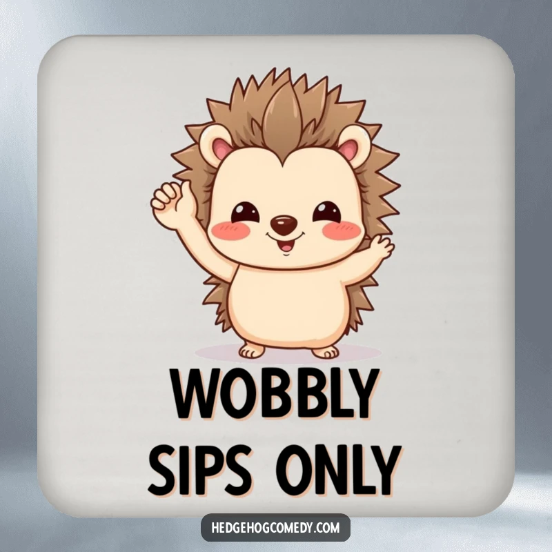 Funny drink coaster featuring a friendly hedgehog character giving a tiny, wobbly wave, perfect for any table.