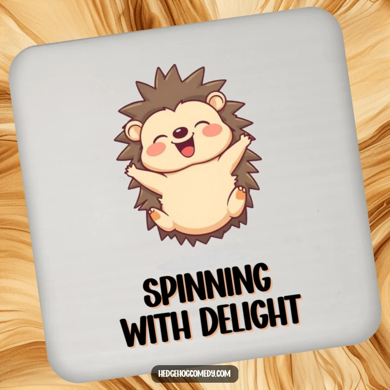 Funny drink coaster with a joyful hedgehog doing a delighted somersault, happy squeak.