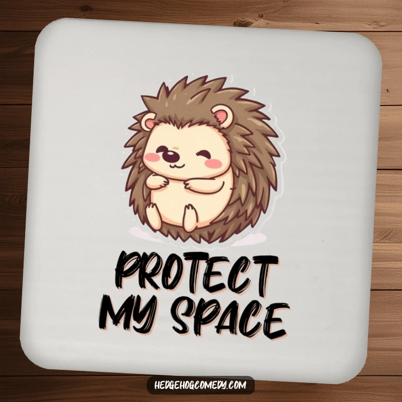 Funny kawaii hedgehog coaster, a character rolling into a ball, providing cute and humorous surface protection.