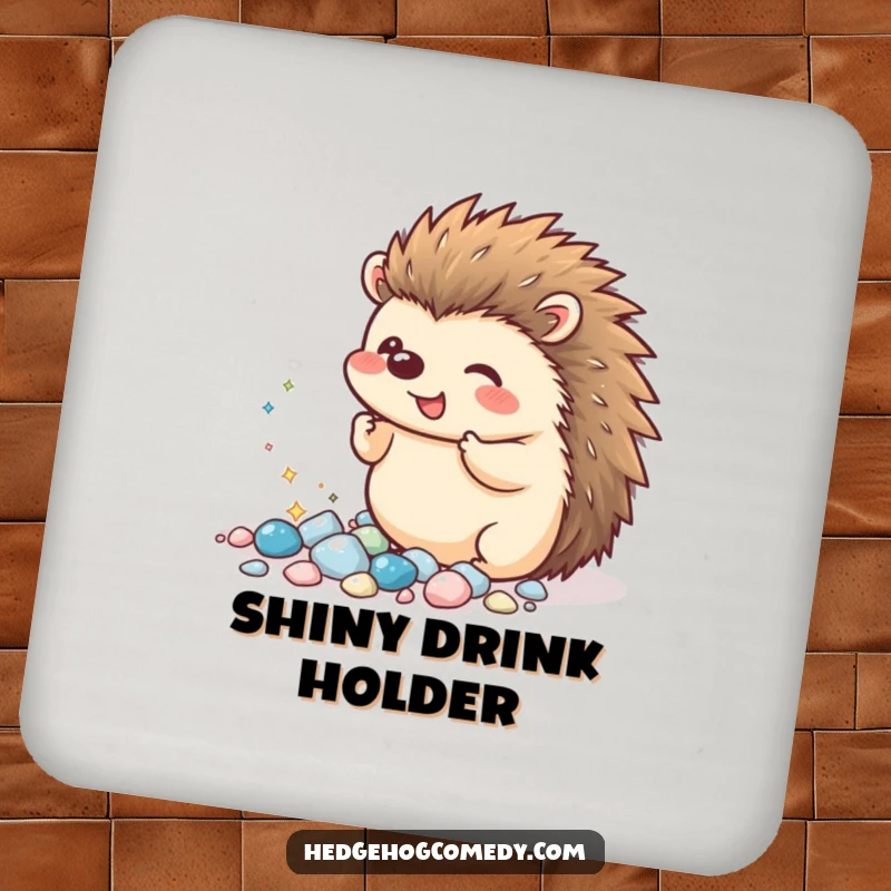 Funny Kawaii Hedgehog Drink Coasters: An excited hedgehog proudly displays tiny, sparkling pebbles, offering humorous protection for your surfaces.