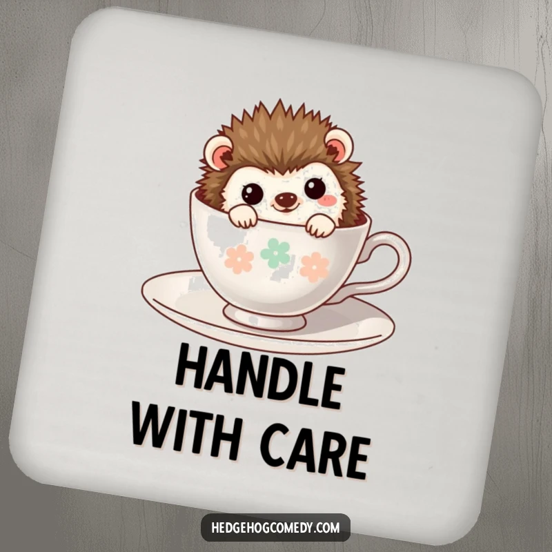 Funny Kawaii Hedgehog Drink Coasters: A shy hedgehog peeking from a teacup, protecting your furniture with adorable, humorous flair.