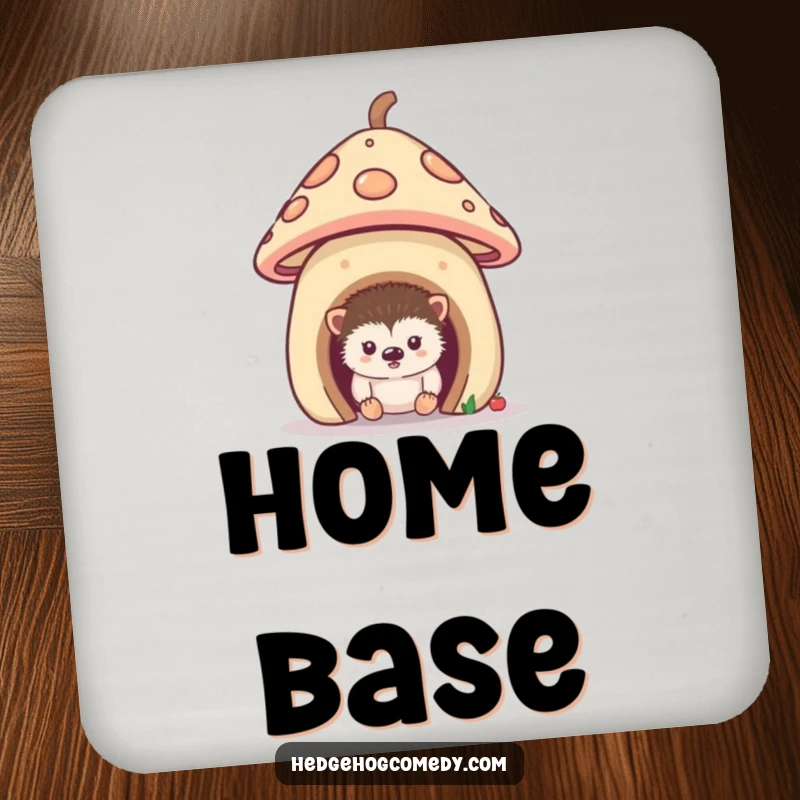 Funny drink coaster with a curious hedgehog peeking from its tiny mushroom house, offering stylish and humorous surface protection.