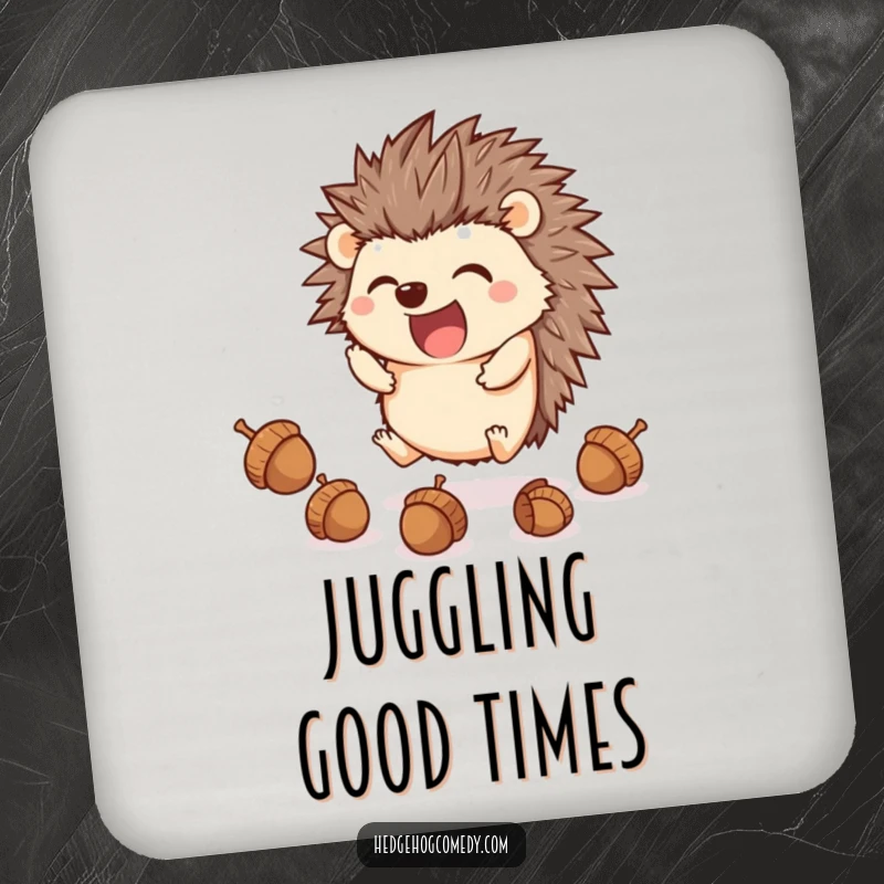 Funny excited kawaii hedgehog juggling acorns with its feet, perfect for a humorous coaster gift.