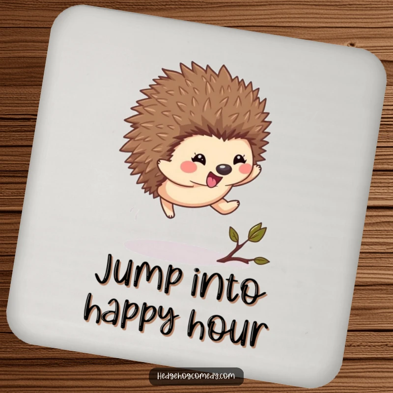 Funny Kawaii Hedgehog Coaster: A cute hedgehog leaps with excitement over a twig on this fun and protective drink coaster.