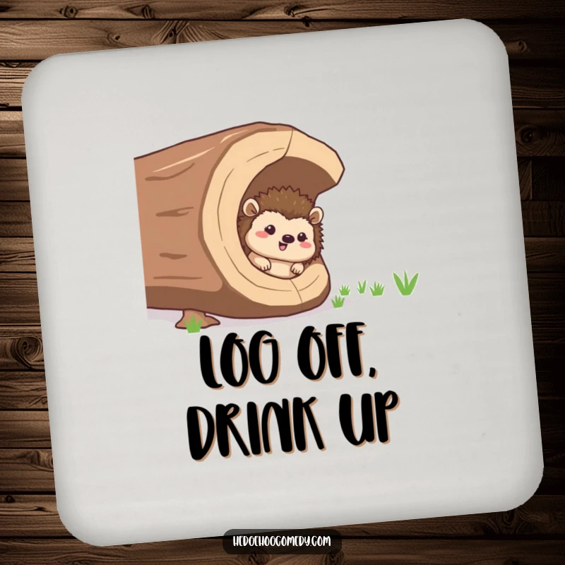 Funny giggling hedgehog peeking from a hollow log on a coaster, protecting surfaces with humor.