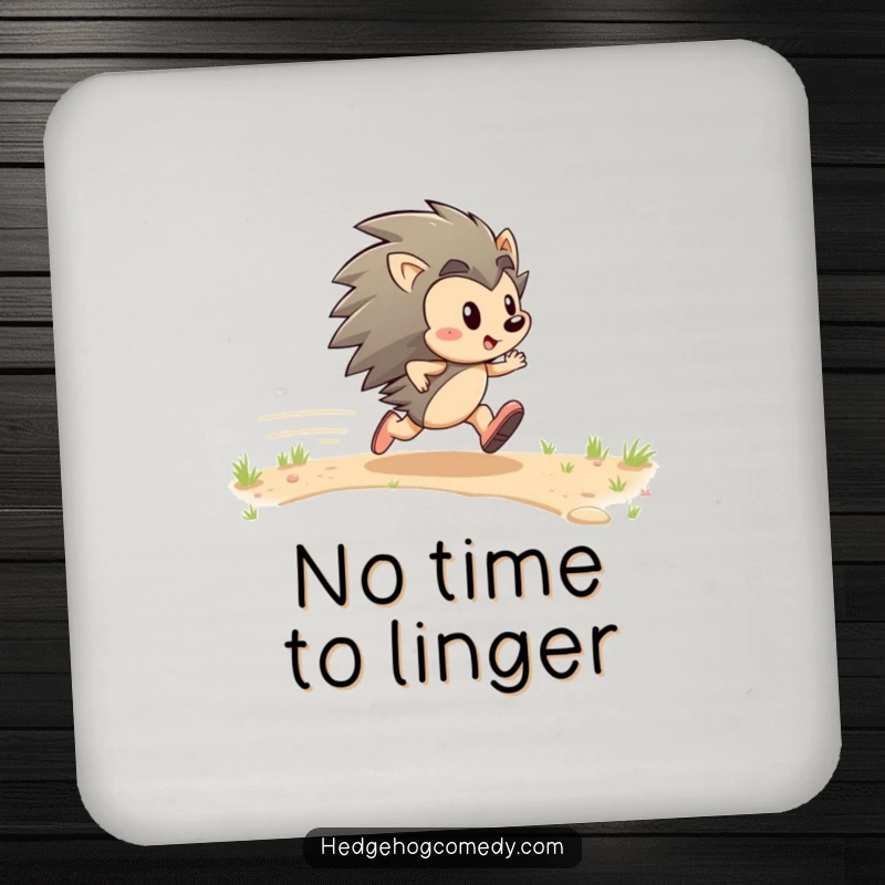 Funny drink coaster with an energetic hedgehog character zipping with glee, adding a humorous touch to any table setting.