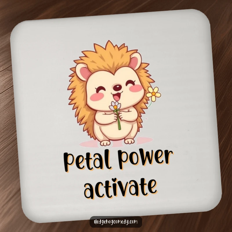 Funny drink coaster with a cute hedgehog character holding a tiny flower. Protects surfaces with a smile.
