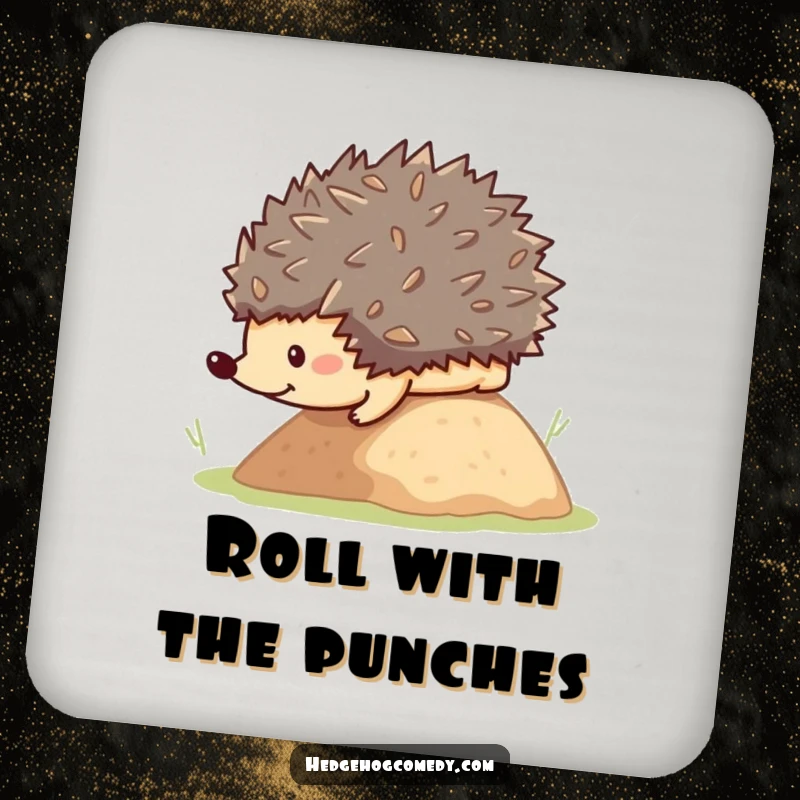 Funny cute kawaii hedgehog rolling down a hill, perfect for a humorous coaster gift.
