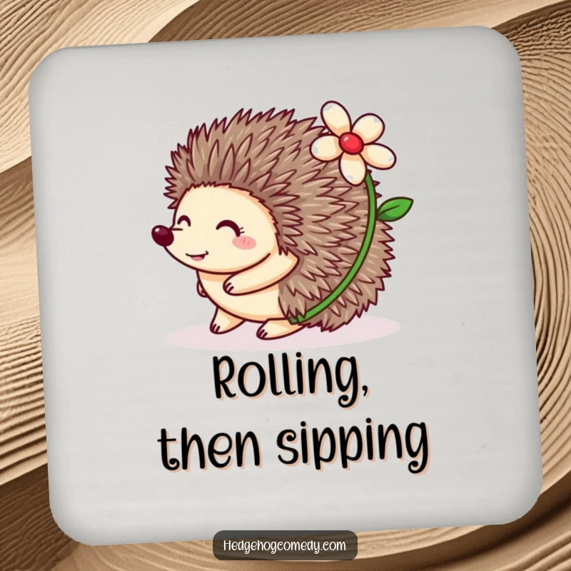 Funny Hedgehog Coaster featuring a happy hedgehog rolling with a flower on its back, protecting surfaces with humor.