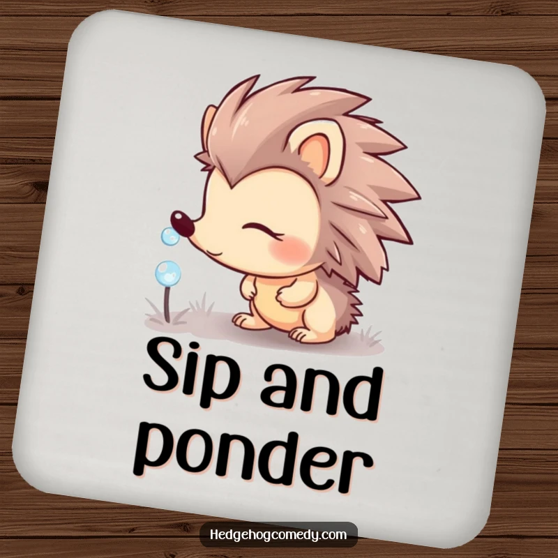 Funny hedgehog character looking curious at a sparkling dewdrop on a protective drink coaster, for home bars.
