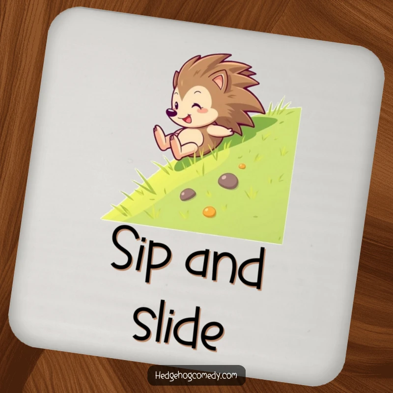 Funny drink coaster with a hedgehog sliding down a grass slope with glee, adding a playful and dynamic element.