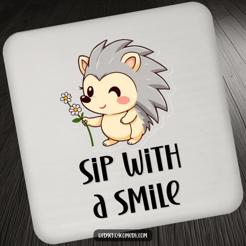 Funny drink coaster featuring a smiling hedgehog character presenting a small flower. Cute and humorous table protection.