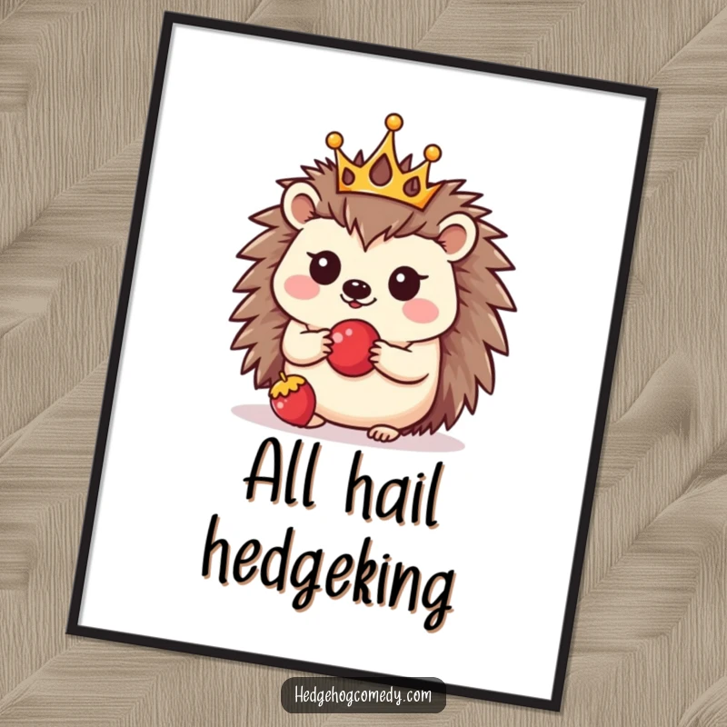 Funny poster displaying a kawaii hedgehog adorned with a tiny crown, balancing a bright red berry, a charming piece of wall art.