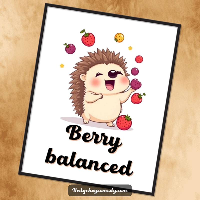 Funny poster showcasing an excited hedgehog juggling a cascade of colorful berries with its quills, a vibrant display of skill and joy.