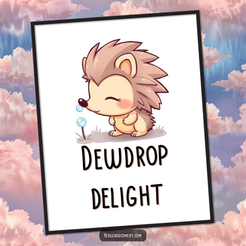 Funny hedgehog character looking curious at a sparkling dewdrop, detailed illustration, great for nature decor.