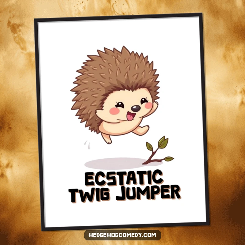Funny Kawaii Hedgehog Poster: A cute hedgehog leaps with great excitement over a small twig in this vibrant artwork.