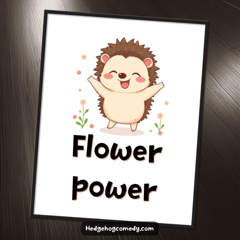 Funny poster of a joyful hedgehog dancing exuberantly, surrounded by tiny, colorful blooming flowers, capturing a moment of pure bliss.