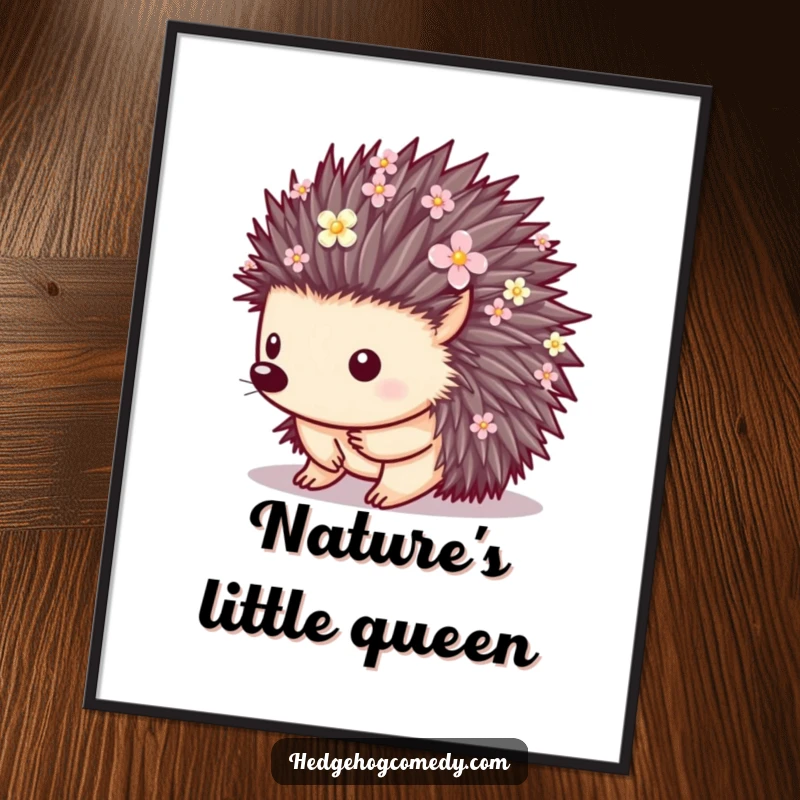 Funny poster of a hedgehog with quills adorned with small, delicate flowers, creating a beautiful and whimsical nature scene.