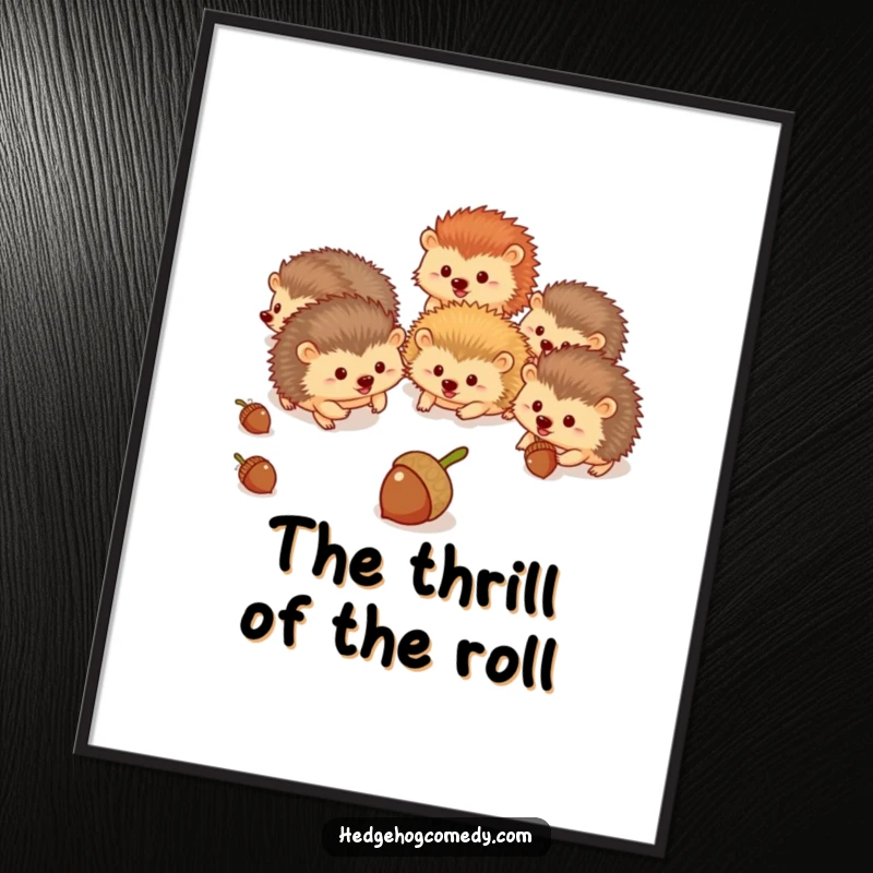 Funny hedgehogs in a dynamic chase scene for acorns, creating a humorous and lively piece of woodland art.